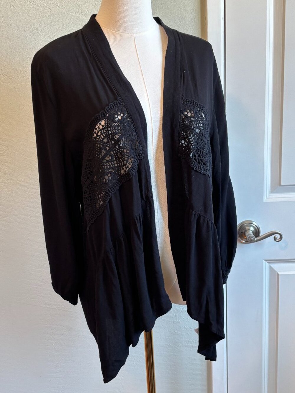 Bundle 2/$30! Black Crochet Panel Open Cardigan Kimono Cover Up Small Boho